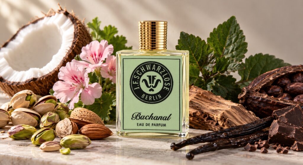 J.F. Schwarzlose Berlin przywraca BACHANAL Eau de Parfum. Pistacja, kokos, wanilia i kakao budują kremową kompozycję gourmand