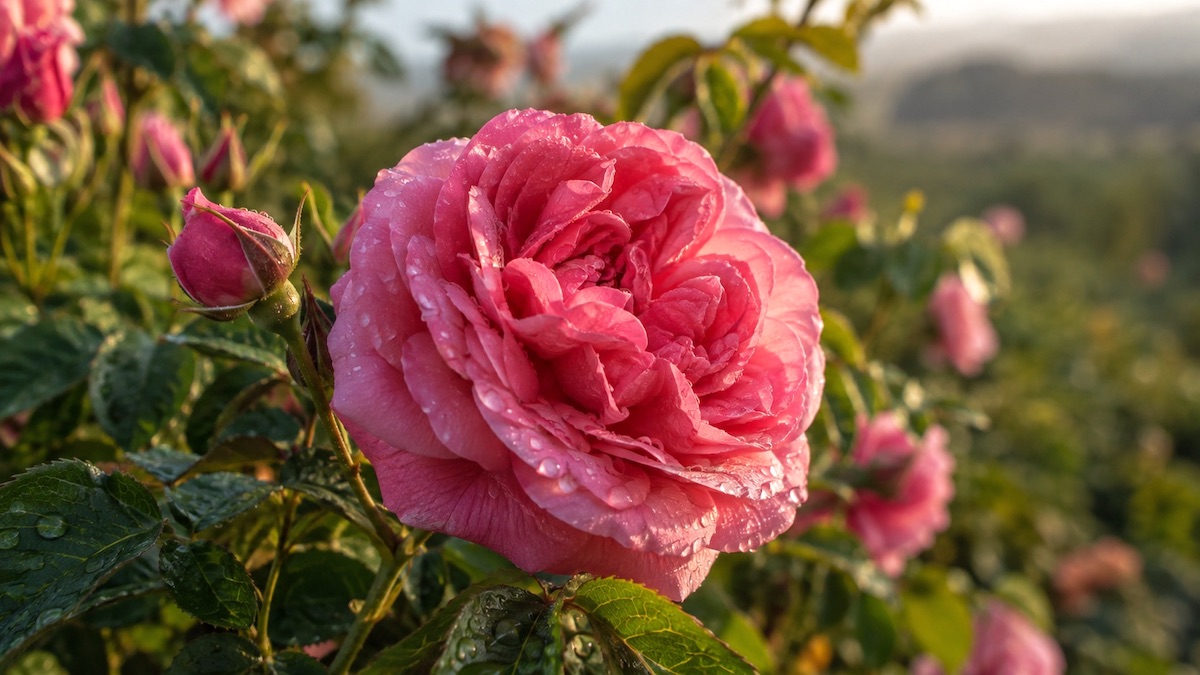 Róża damasceńska Rosa damascena - kwiaty róży wykorzystywane do produkcji olejku i absolutu