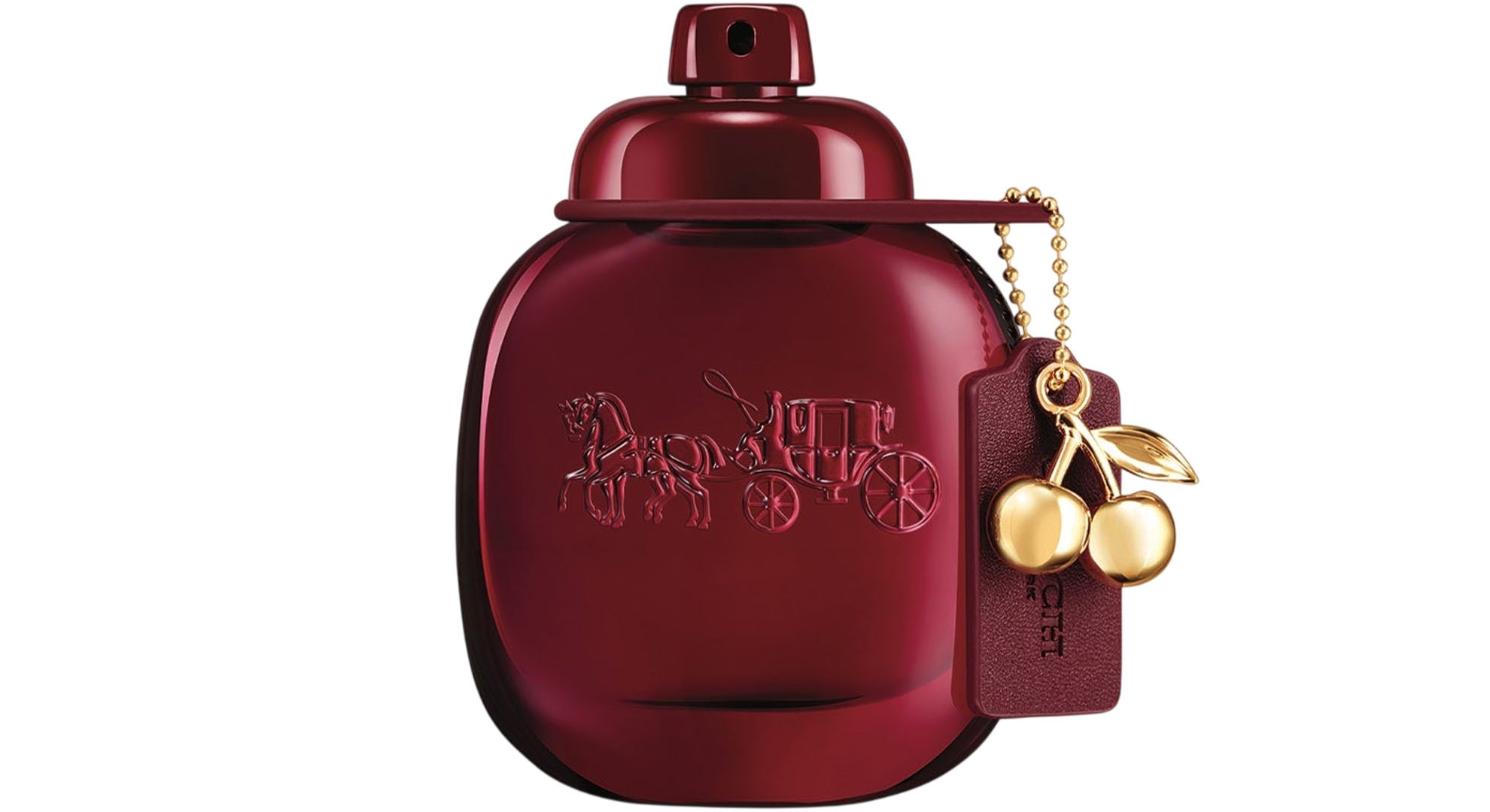 Coach Cherry Parfum w czerwonym flakonie ze złotą zawieszką w kształcie wiśni