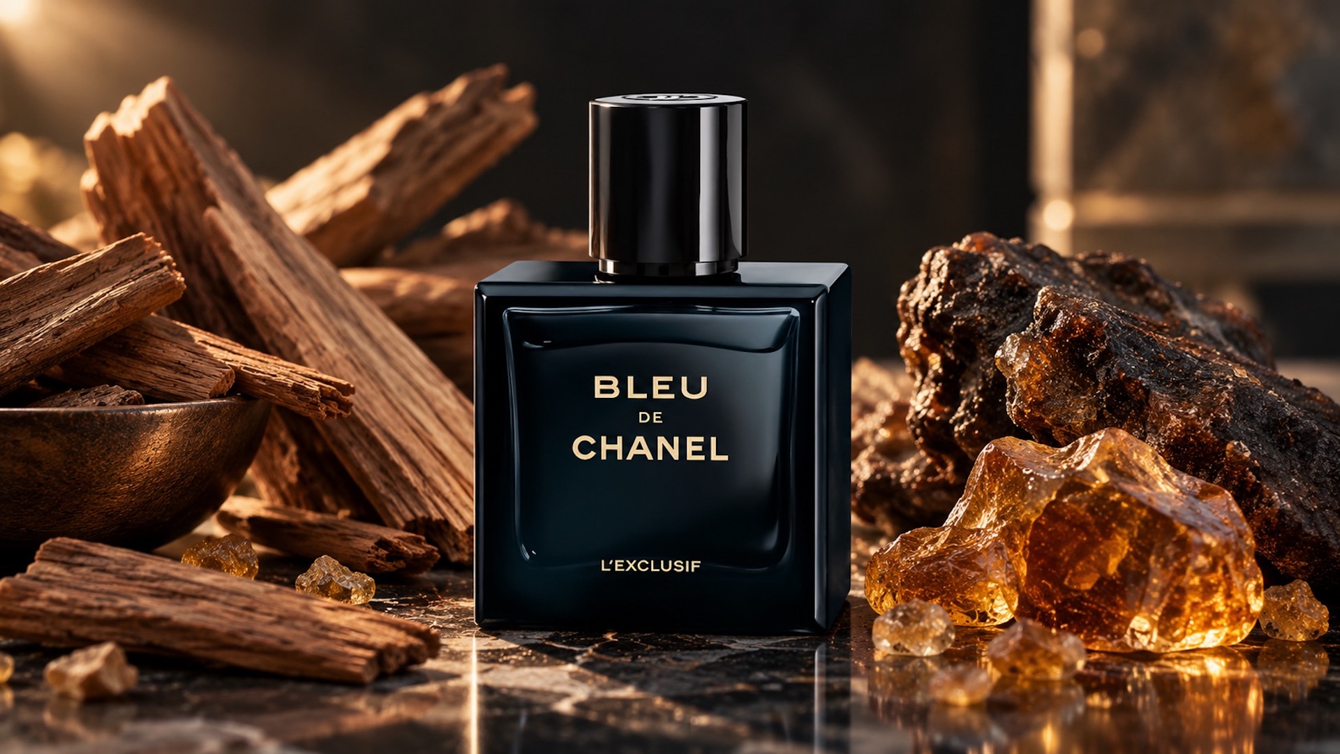 Struktura zapachowa Bleu de Chanel L’Exclusif z sandałowcem, czystkiem labdanum oraz nutami drzewnymi i ambrowymi