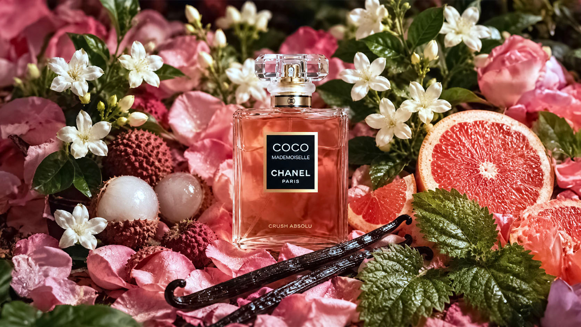 Piramida zapachowa Chanel Coco Mademoiselle Crush Absolu Eau de Parfum z liczi, grejpfrutem, różą, jaśminem, paczulą, tonami ambrowymi, wanilią i wetywerią