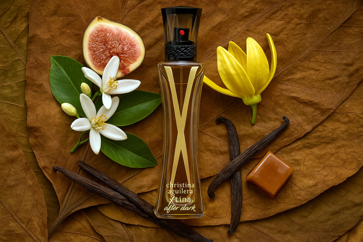 Piramida zapachowa Christina Aguilera XTINA After Dark Eau de Parfum z figą, kwiatem pomarańczy, liściem tytoniu, ylang-ylang, benzoesem, wanilią, karmelem i benzoesem syjamskim