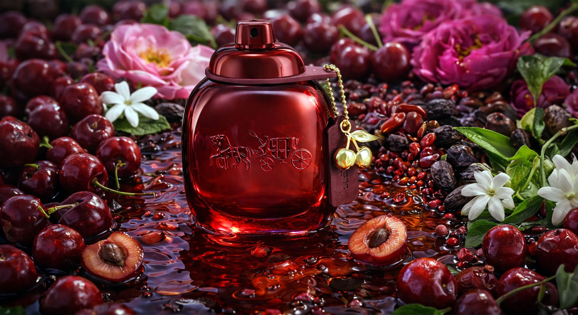 Piramida zapachowa Coach Cherry Parfum z ciemną wiśnią, włoską mandarynką, różowym pieprzem, jaśminem sambac, magnolią, różą, paczulą, fasolą tonka i Ambrofix
