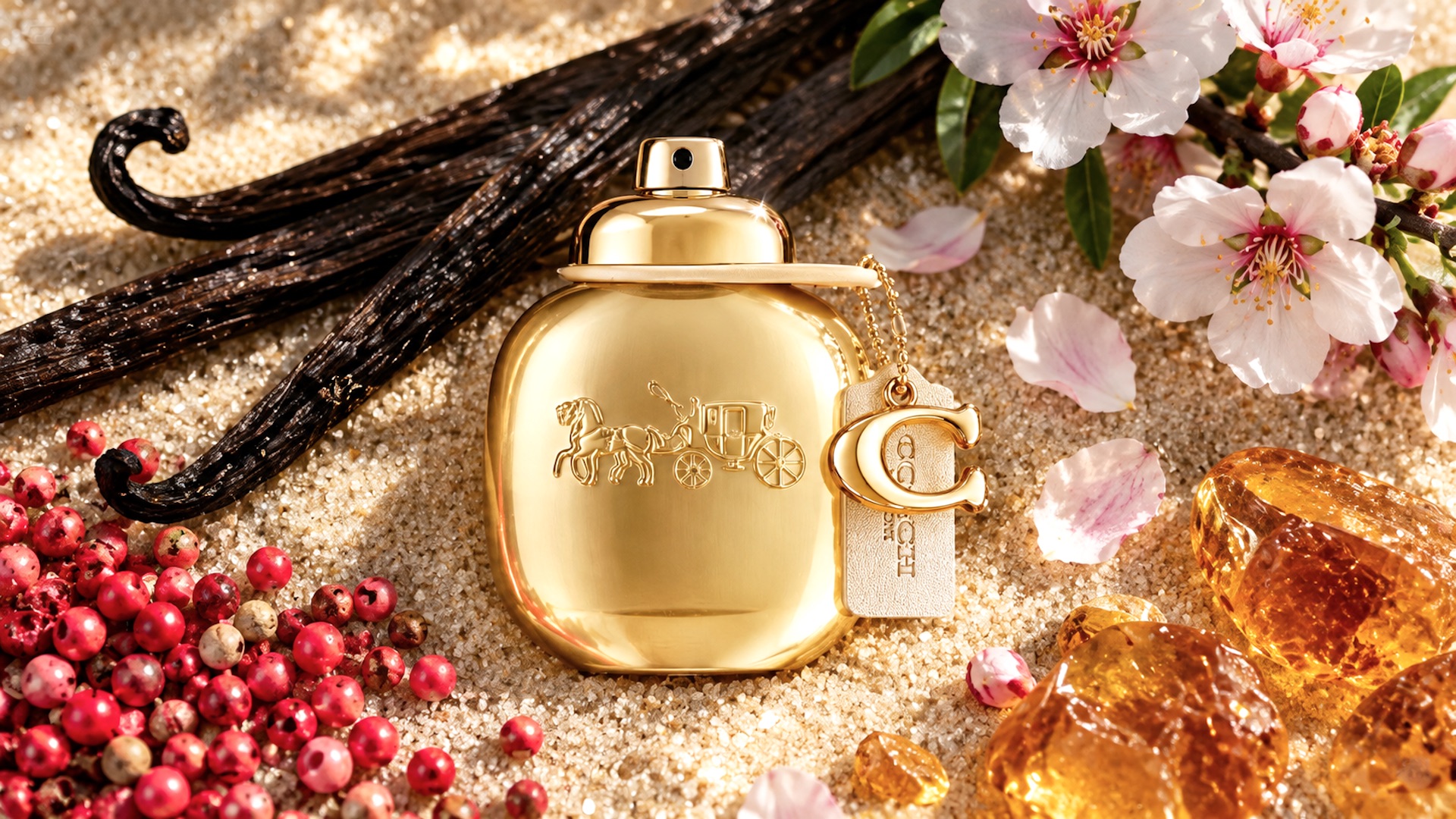 Piramida zapachowa Coach Gold Parfum z różowym pieprzem, nutami owocowymi, kwiatem migdałowca, wanilią i akordem ambrowym