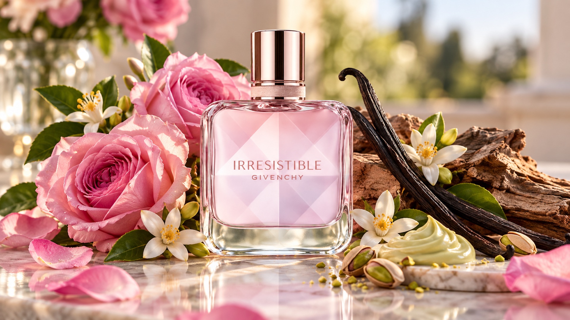 Piramida zapachowa Givenchy Irresistible Nectar Eau de Parfum z neroli, trio róż, kremem pistacjowym i waniliowym drewnem