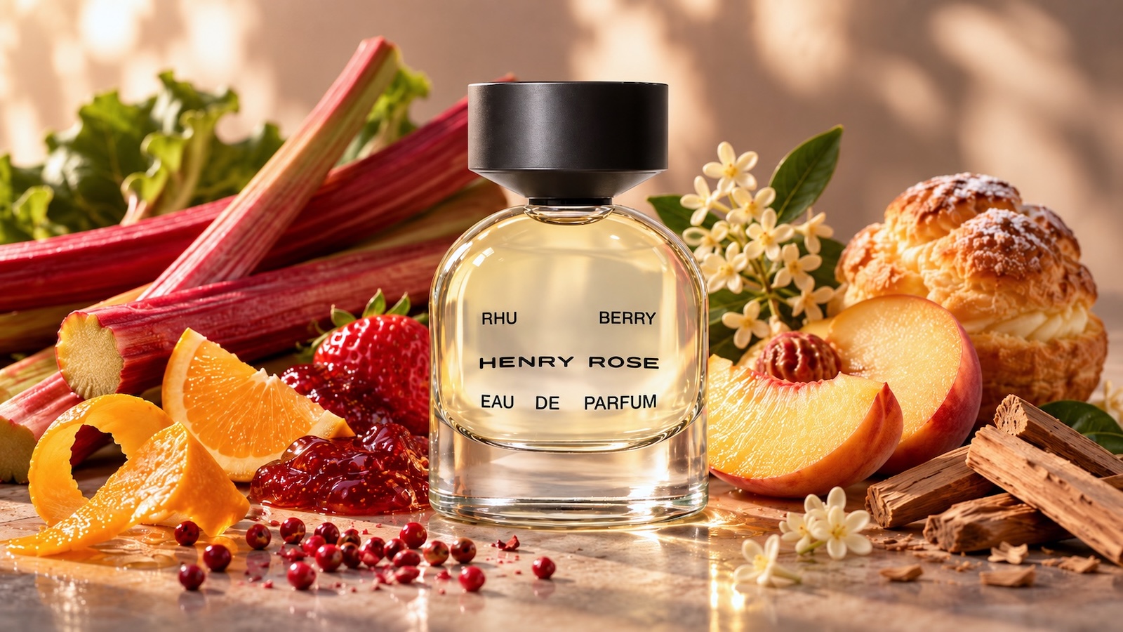 Piramida zapachowa Henry Rose Rhu Berry z rabarbarem, pomarańczą, różowym pieprzem, truskawkową konfiturą, osmantusem, brzoskwinią, ciastem parzonym, piżmem i sandałowcem