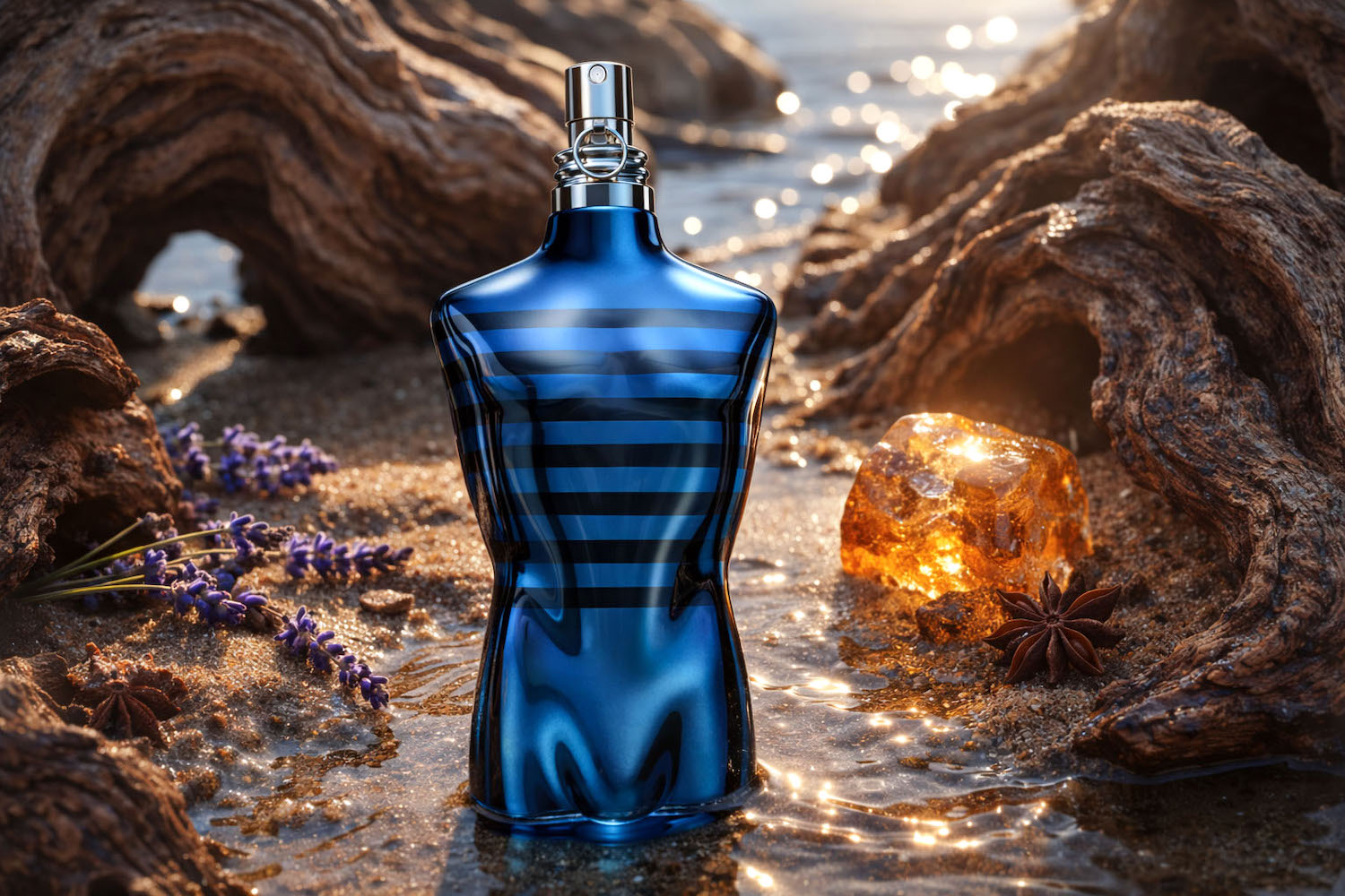 Piramida zapachowa Jean Paul Gaultier Le Male In Blue Eau de Parfum z lawendą, metalicznym akordem anyżowym i benzoesem
