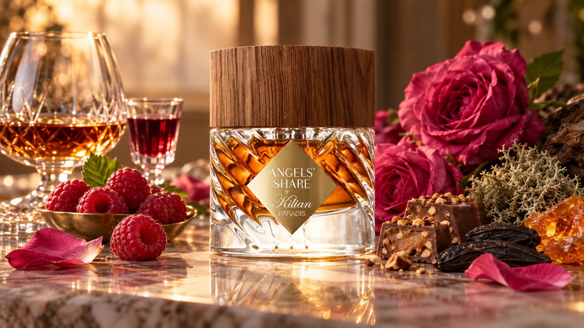 Piramida zapachowa Kilian Angels' Share Paradis Extrait de Parfum Piramida zapachowa Kilian Angels' Share Paradis Extrait de Parfum z maliną, koniakiem, różą bułgarską, tonką, praliną i sandałowcem