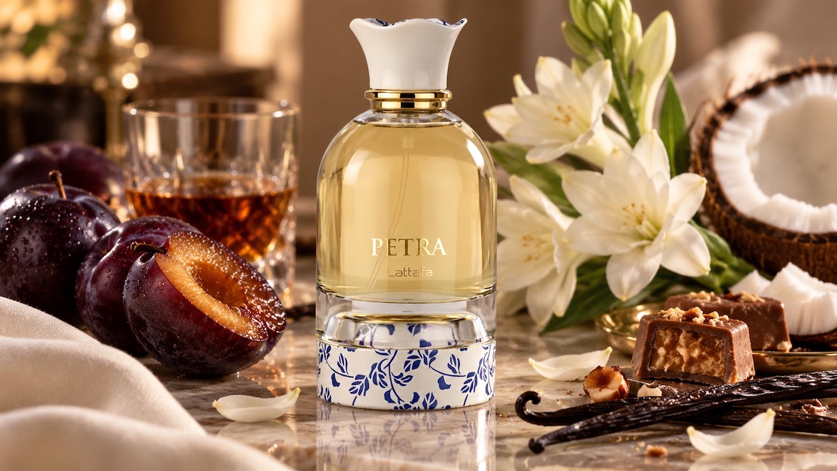 Piramida zapachowa Lattafa Petra Eau de Parfum ze śliwką, rumem, tuberozą, kokosem, praliną, wanilią i piżmem