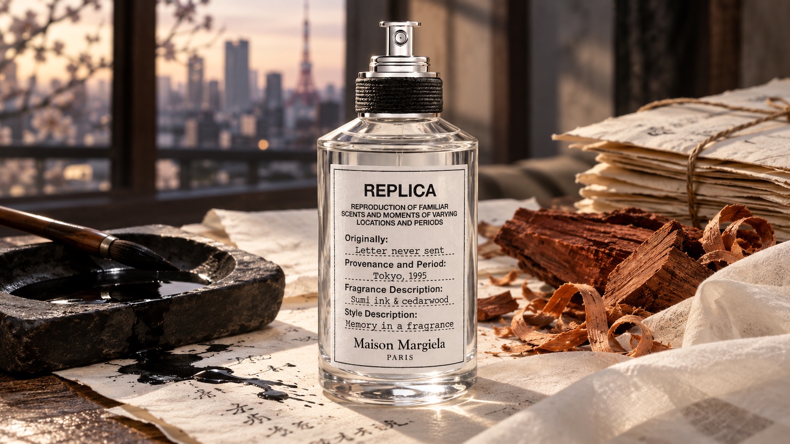Piramida zapachowa Maison Margiela Replica Letter Never Sent z akordem atramentu sumi, czerwonym cedrem i białym piżmem