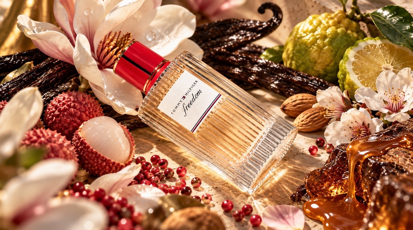 Piramida zapachowa Tommy Hilfiger Freedom z liczi, bergamotką, różowym pieprzem, magnolią, jaśminem sambac, kwiatem migdałowca, Vanilla Blue, karmelem i drzewem ambrowym