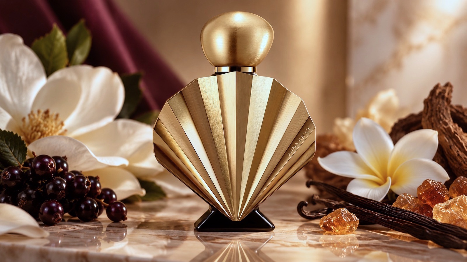 Piramida zapachowa Vénus de Nina Ricci Eau de Parfum Intense z likierem z czarnej porzeczki, mandarynką, kwiatem tiaré, jaśminem, magnolią, paczulą, benzoesem i wanilią Bourbon